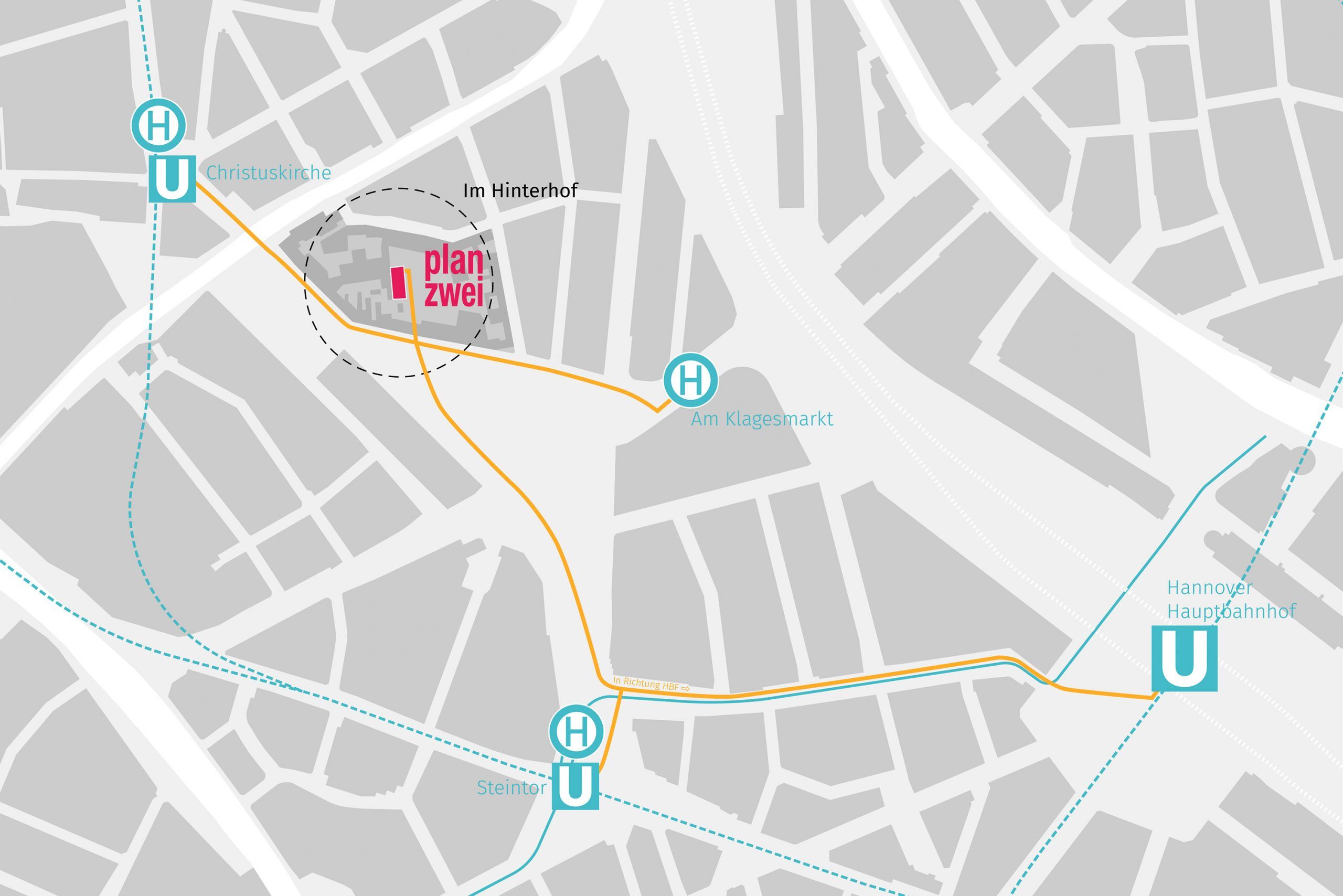 Karte mit U-Bahnhaltestellen und Wegen vom Bahnhof zur Büroadresse