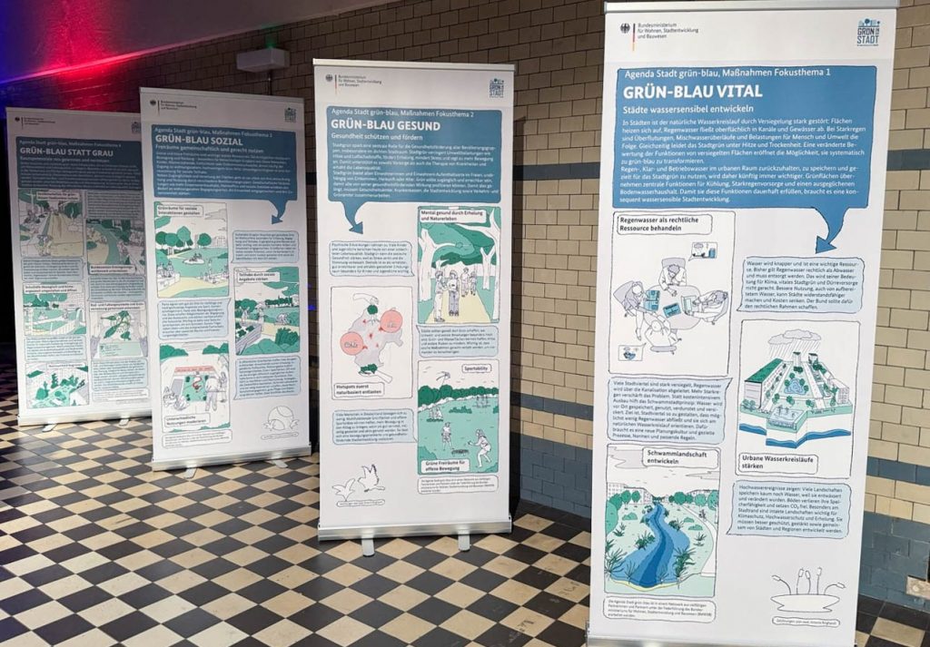 Vier Roll-up-Banner stehen in einem Innenraum mit Fliesenboden. Sie zeigen illustrierte Maßnahmen der „Agenda Stadt grün-blau“ zu Themen wie vitaler, sozialer und gesunder Stadtentwicklung.